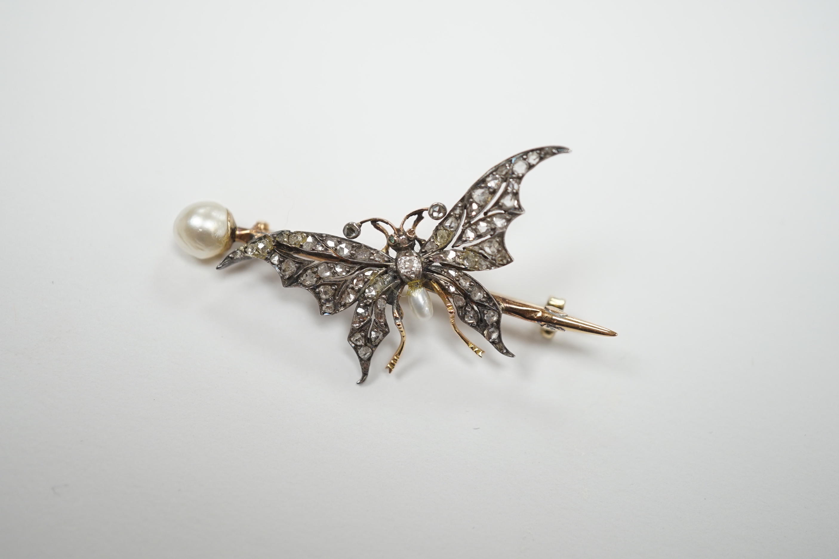 A late Victorian yellow metal baroque pearl drop and rose cut diamond cluster set bug brooch, 48mm, gross weight 4.2 grams, in fitted leather case (a.f.).